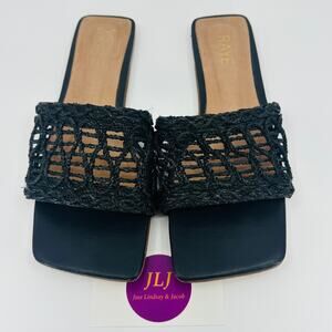 Raye Revolve Women's Tiki Black Woven Flat Slip On Slide Sandals Size 9.5